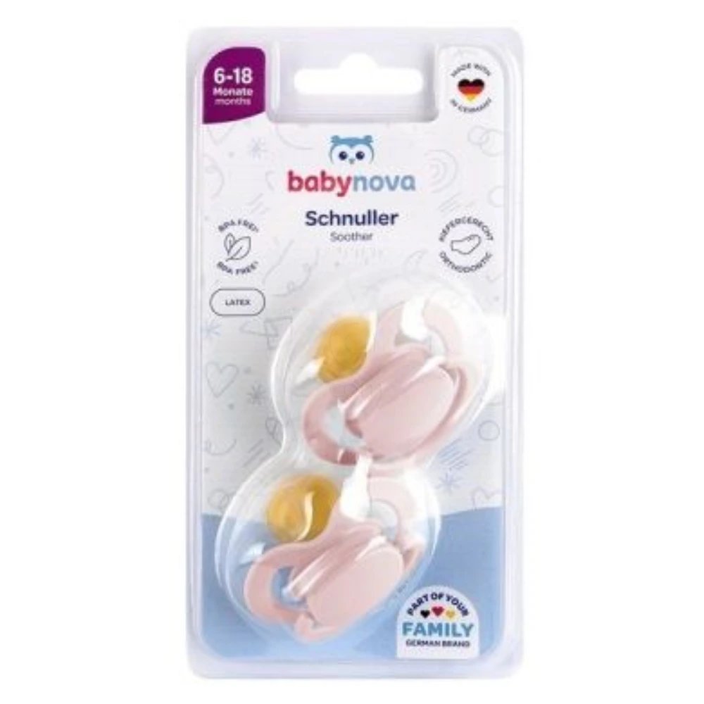 Baby-Nova, ortodontska lateks duda z obročkom - velikost 6-18 m - različni motivi (2 dudi)